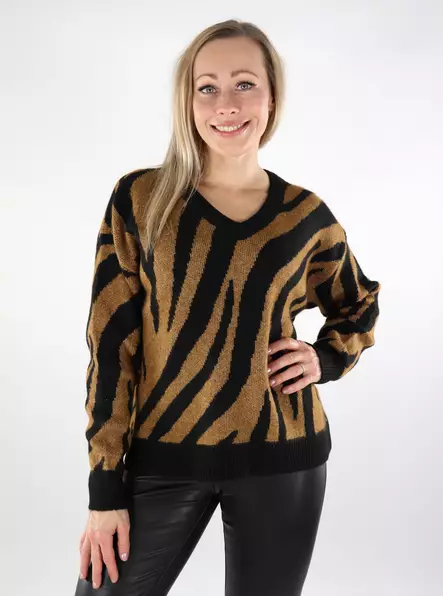 Vila damtröja V-ringad svart/zebra rubb - Stickat för damer - 137190 - 1