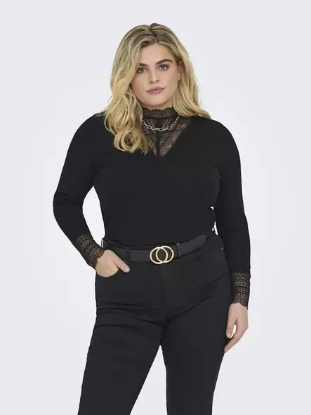 Only Carmakoma plus size ribbad skjorta Rib Lace svart - Långärmade tröjor för  damer - 137610 - 1