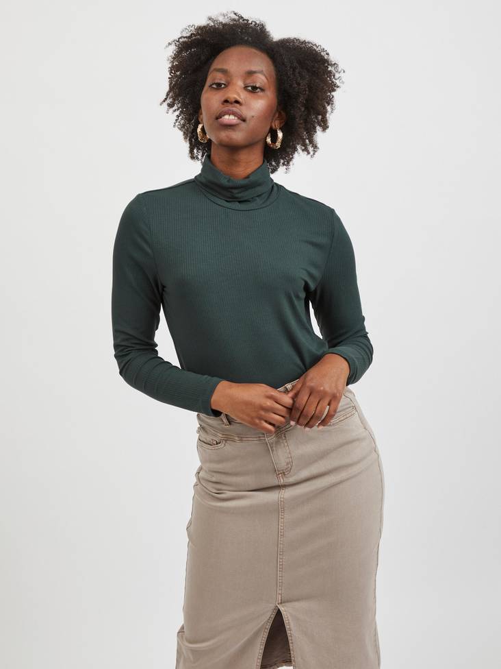 Vila långärmad dam polotröja Solitta rib rollneck mörkgrön - Långärmade tröjor för  damer - 129090 - 1