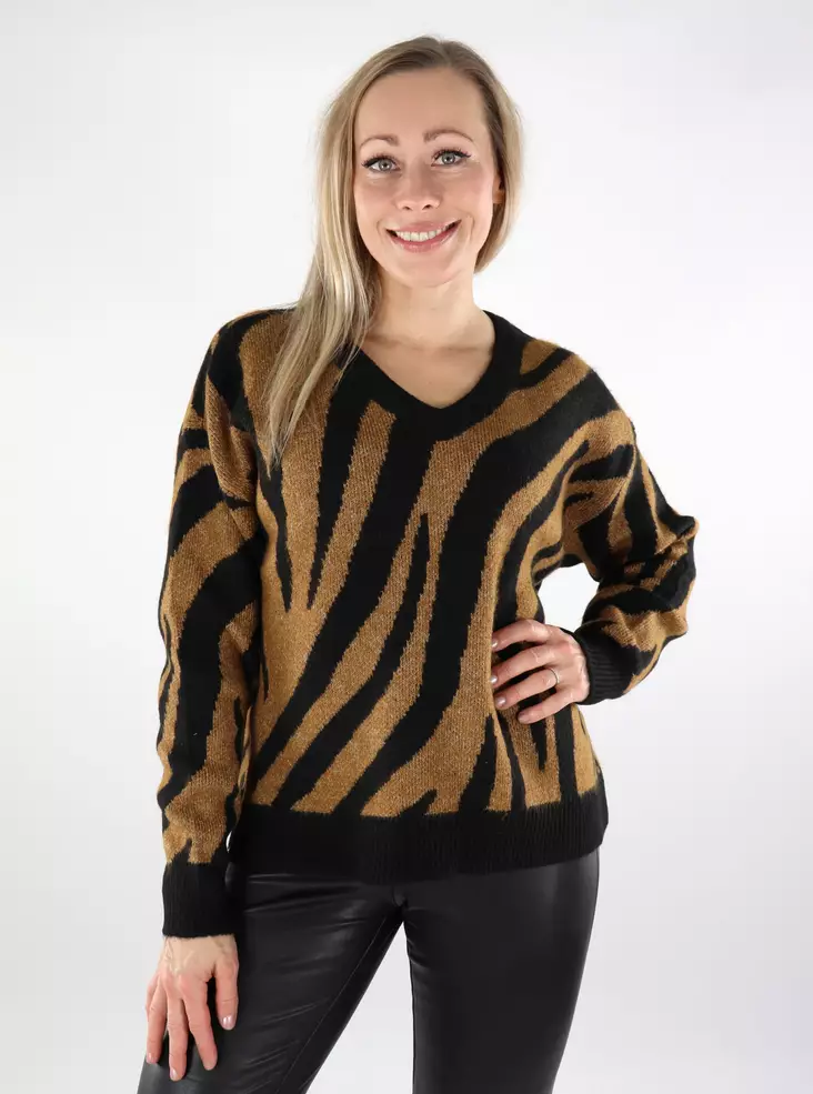 Vila damtröja V-ringad svart/zebra rubb - Stickat för damer - 137190 - 1
