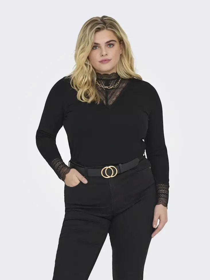 Only Carmakoma plus size ribbad skjorta Rib Lace svart - Långärmade tröjor för damer - 137610 - 1