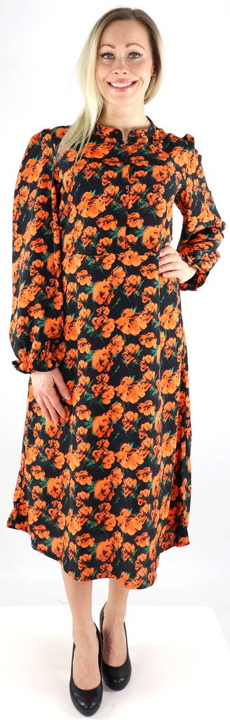 JDY Klänning Cathy midi belt, svart/orange blom - Klänningar och tunikor - 130122 - 1
