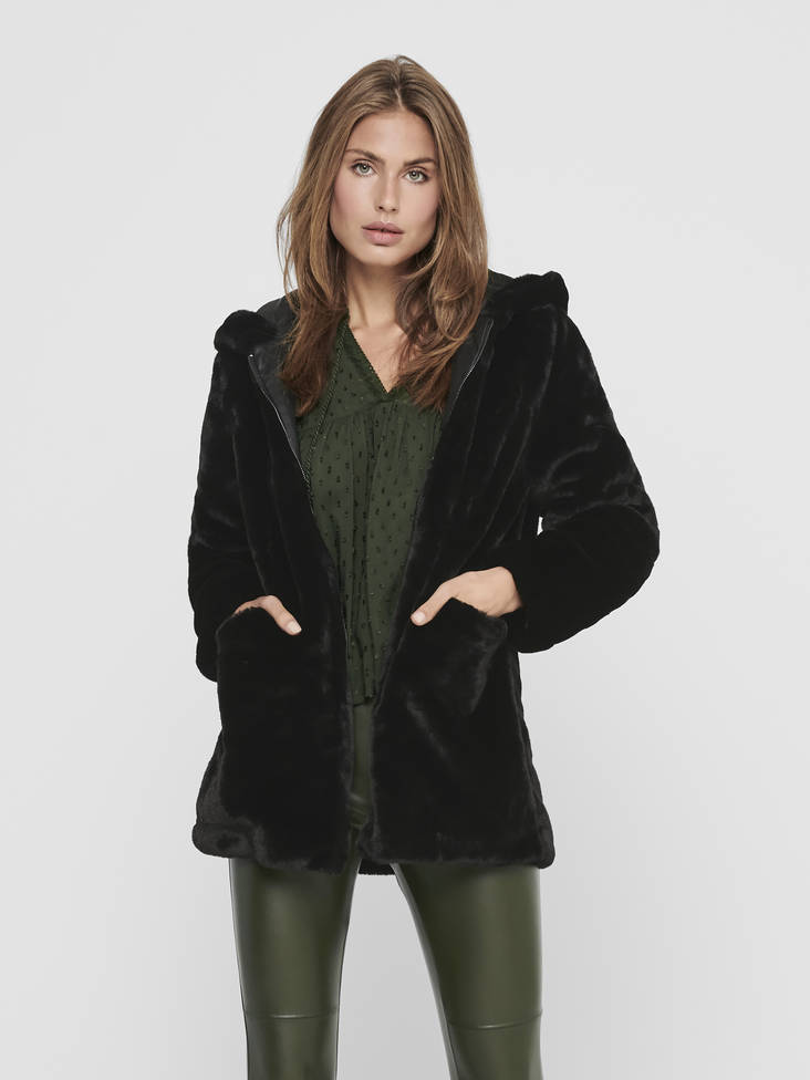 Only dam fuskpälsjacka huva Malou faux fur svart - Lätta jackor för damer - 129632 - 1