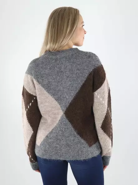 JDY Tröja JDYZOEY L/S V-NECK ARGYLE PULLOVER medium grey/chateau grey - Stickat för damer - 142173 - 2