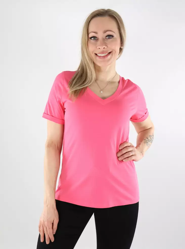 Pieces dam t-shirt V-ringad Solid rosa lemonad - T-shirts för damer - 137833 - 1
