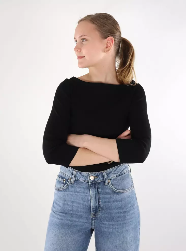 JJXX Ribbstickad skjorta dam 3/4 Boatneck Svart - Långärmade tröjor för  damer - 137843 - 1