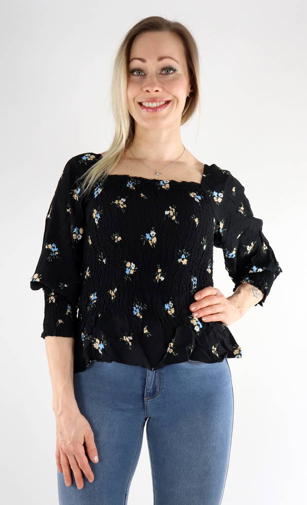 Pieces Blommig blus Viva 3/4, svart/blomma - Långärmade tröjor för damer - 130844 - 1