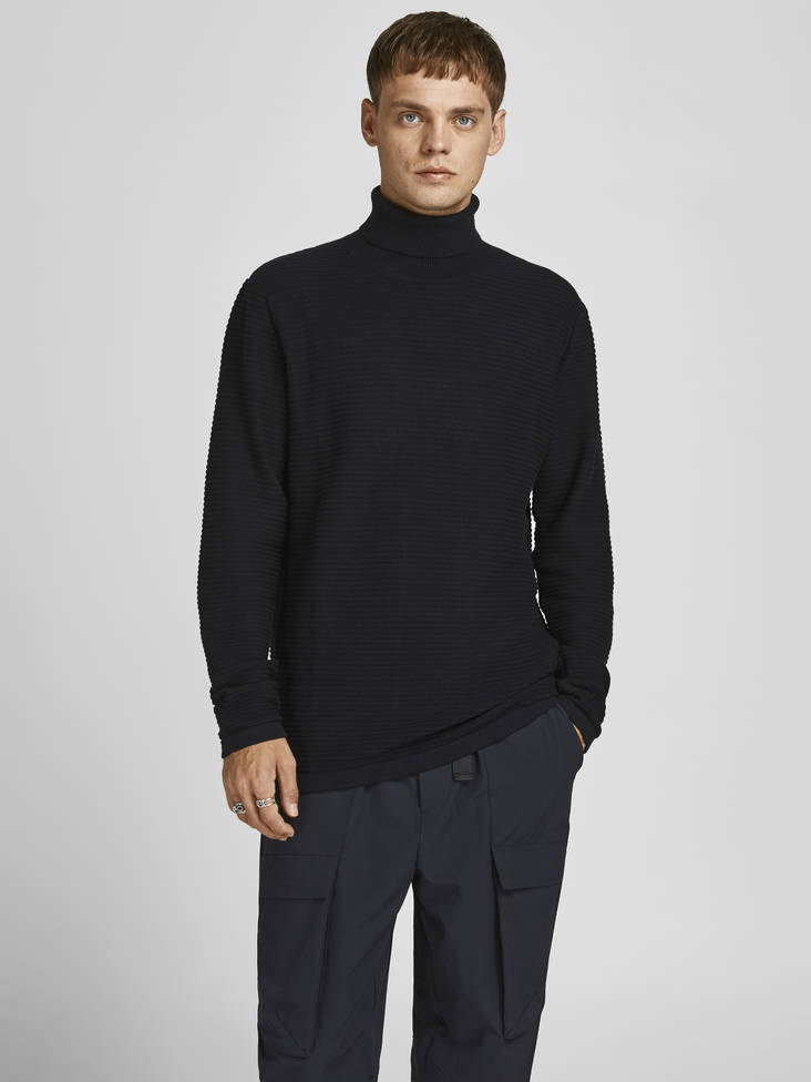 Jack & Jones herr stickad polotröja Wind rollneck, svart, naturvit - Stickat för herrar - 129805 - 1