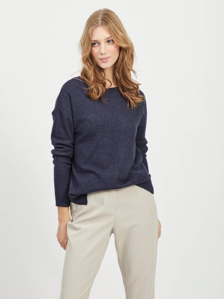 Vila mjuk stickad dam tröja lös Ril high low total eclipse mörkblå - Stickat för damer - 129365 - 1