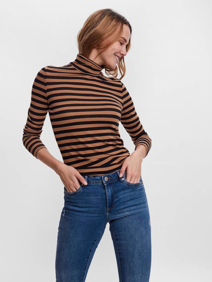 Vero Moda långärmard dam polotröja Carla brun/svart - Långärmade tröjor för  damer - 129776 - 1