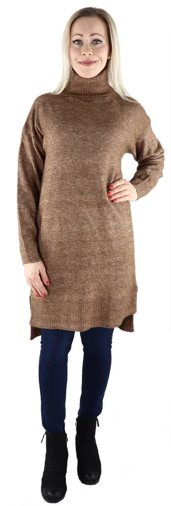 Vila lång stickad dam tunika Ella cowlneck, grå, brun - Stickat för damer - 129786 - 1