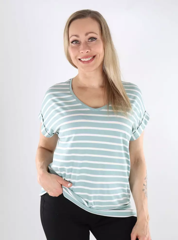 Only randig t-shirt för kvinnor ONLMOSTER V-Neck gray mist/cloud dancer - T-shirts för damer - 138339 - 1